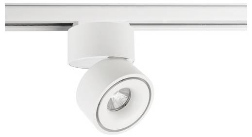En vit, justerbar takspotlight monterad på ett spår, lämplig för riktad belysning inomhus.