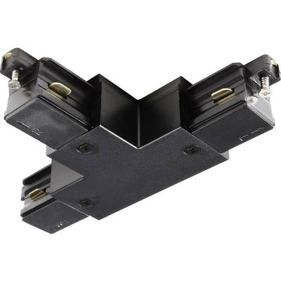 Ett svart, korsformat elektriskt skenSystemanslutningsstycke med fyra anslutningsställen och skruvar för fastsättning.