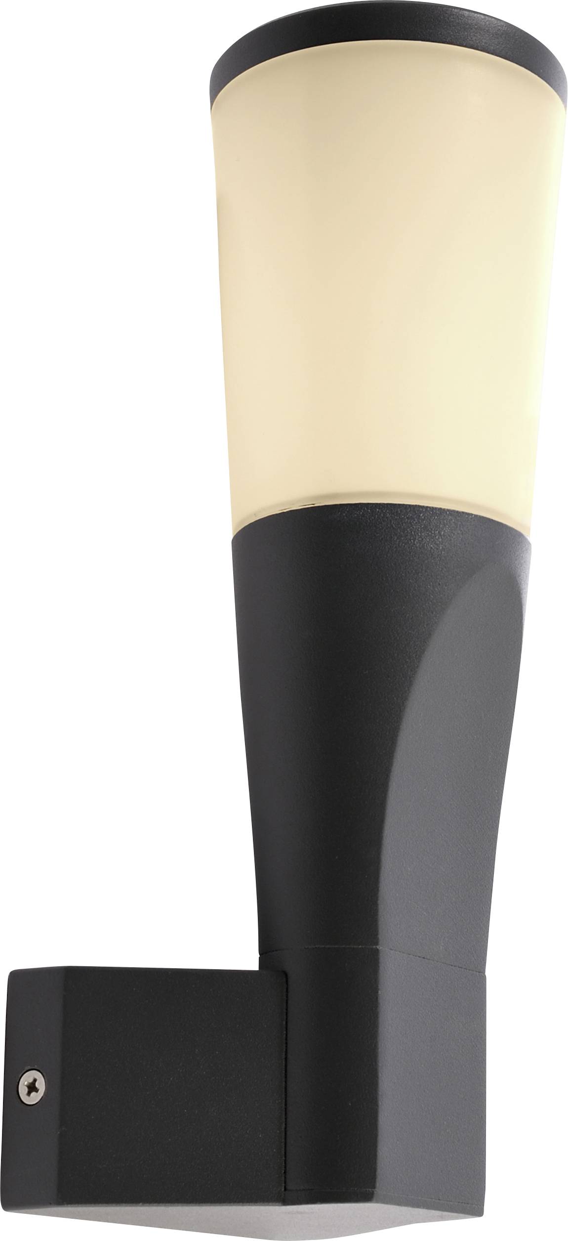 Svart vägglampa med unikt design, cylindrisk ljuskropp riktad uppåt, lämplig för modern utomhusbelysning.