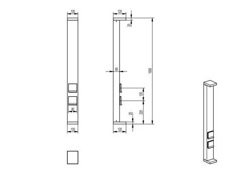 Teknisk ritning av en metallprofil med specificerade mått. Visar fram-, sido- och ovanifrånvy med detaljerade dimensioner.