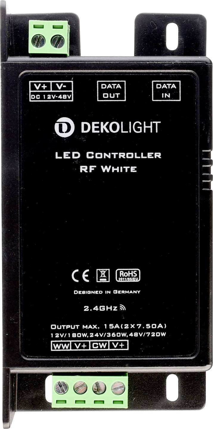 Svart DEKOLIGHT LED-styrenhet RF Vit enhet med märkta anslutningar för ström, data in/ut och utgång.