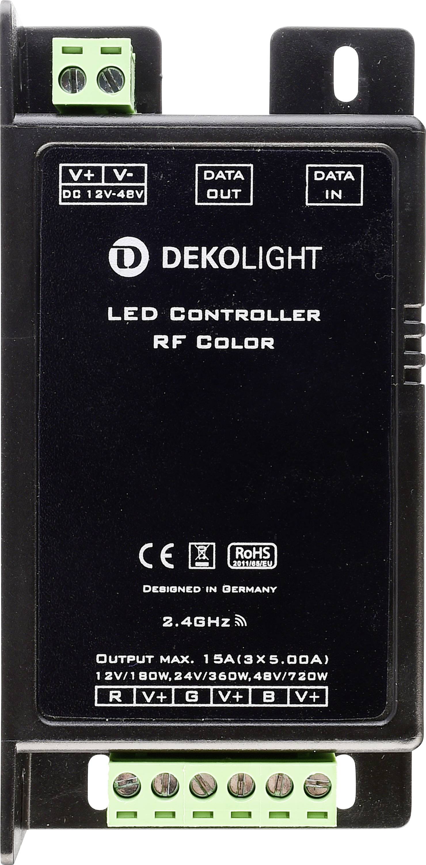 'DEKOLIGHT LED-kontroller RF Färg', svart enhet för styrning av LED-belysning, med anslutningsklämmor och tekniska specifikationer.