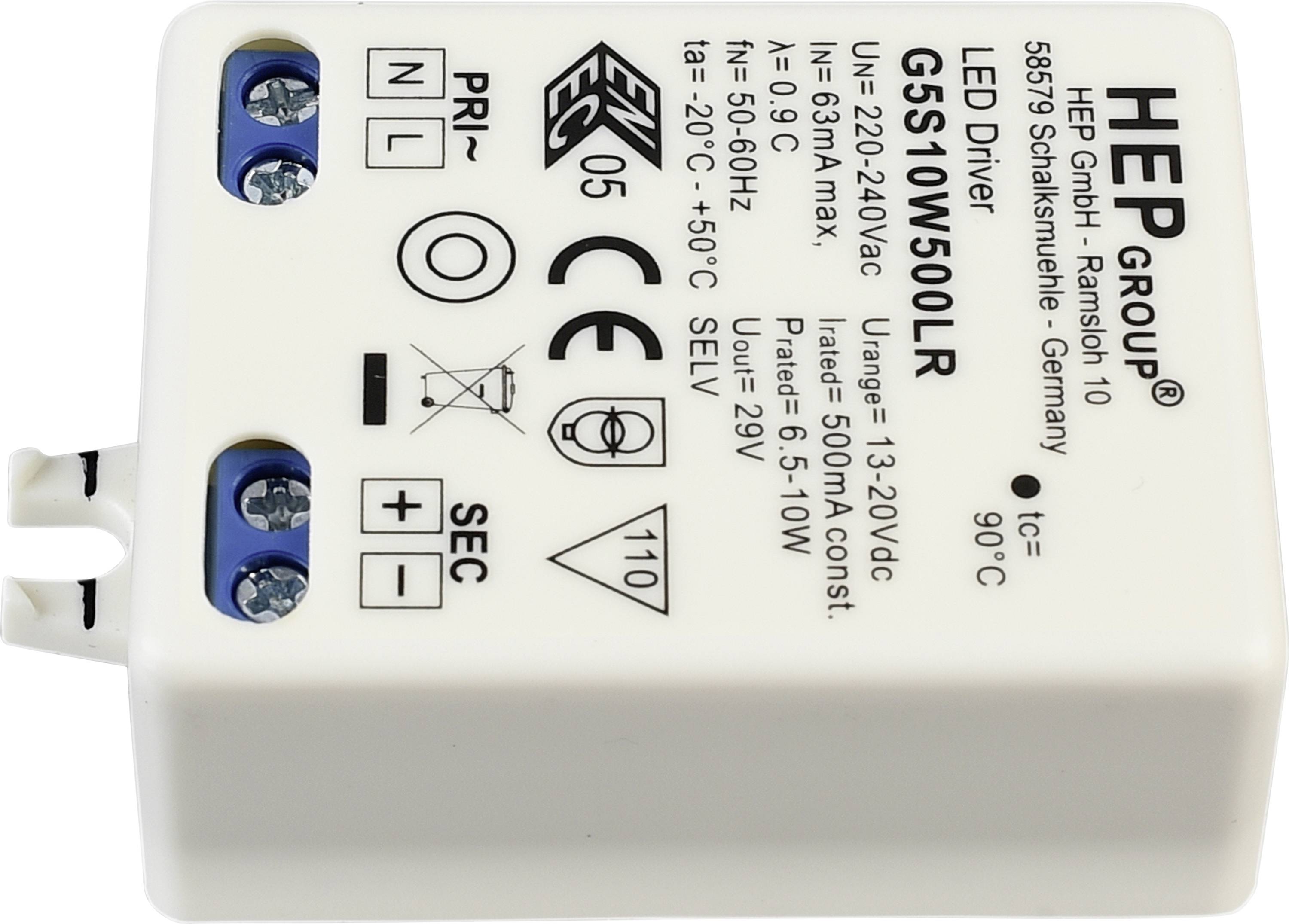 Drivmodul från HEP Group, modell G5S10W500LR, 10W effekt, ingång 12-20V DC, utgång 5W 10V, skyddsklass SELV, tillverkad i Tyskland.