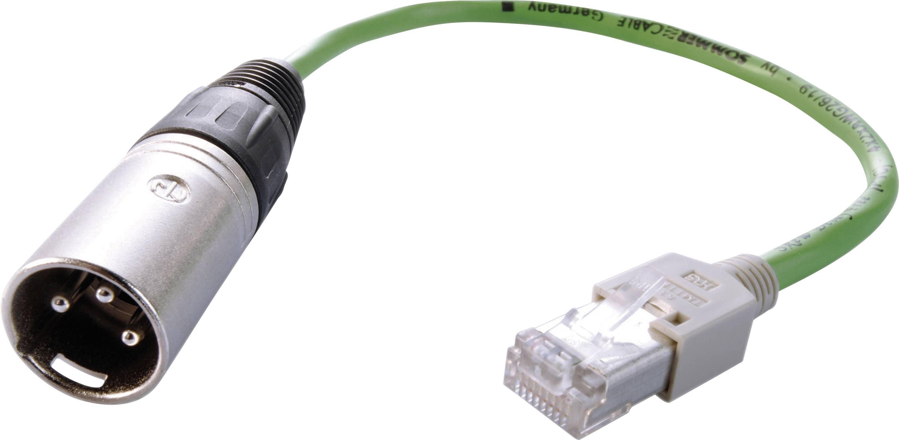 En kabel med en XLR-kontakt på ena sidan och en RJ45-kontakt på den andra, lämplig för ljud- och nätverksapplikationer.