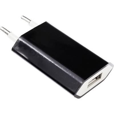 USB-laddare med två metallstift, lämplig för EU-uttag. Rektangulärt, svart hölje med USB-port på sidan.