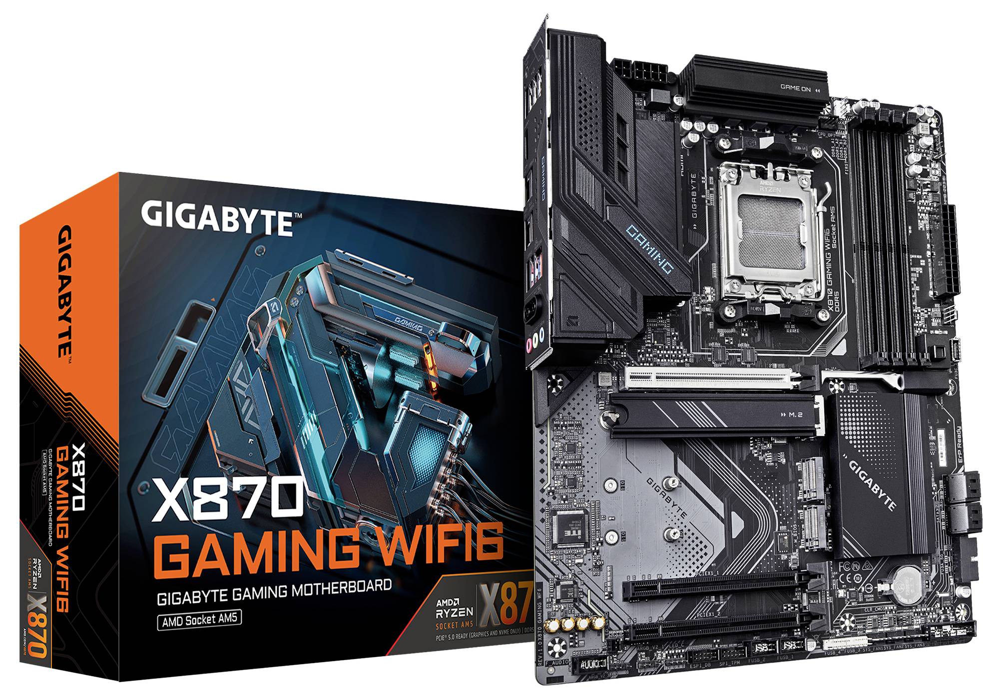 Spelmoderkort 'Gigabyte X870 Gaming Wifi6' bredvid förpackningen, visar platser och anslutningar. Lämplig för AMD Ryzen, WIFI6 integrerad.