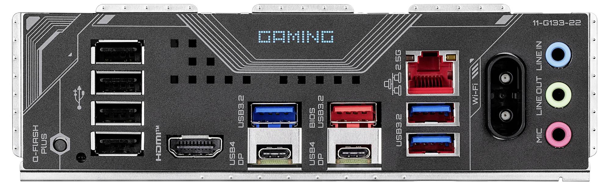 Baksidan av ett datormoderkort med flera USB-portar, ljudanslutningar, HDMI-port, Ethernet-port och texten 'GAMING'.