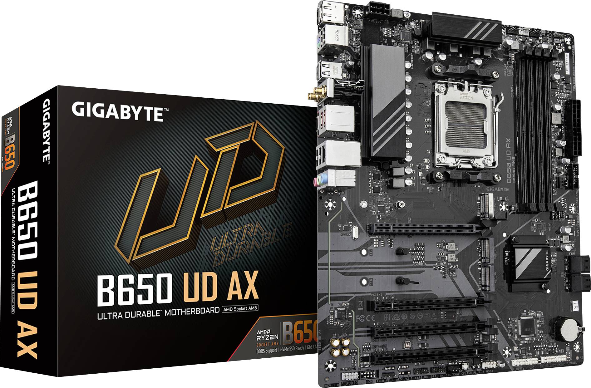 Gigabyte B650 UD AX moderkort bredvid förpackning med AMD Ryzen-sockel; stöder WiFi, PCIe 4.0, DDR5.