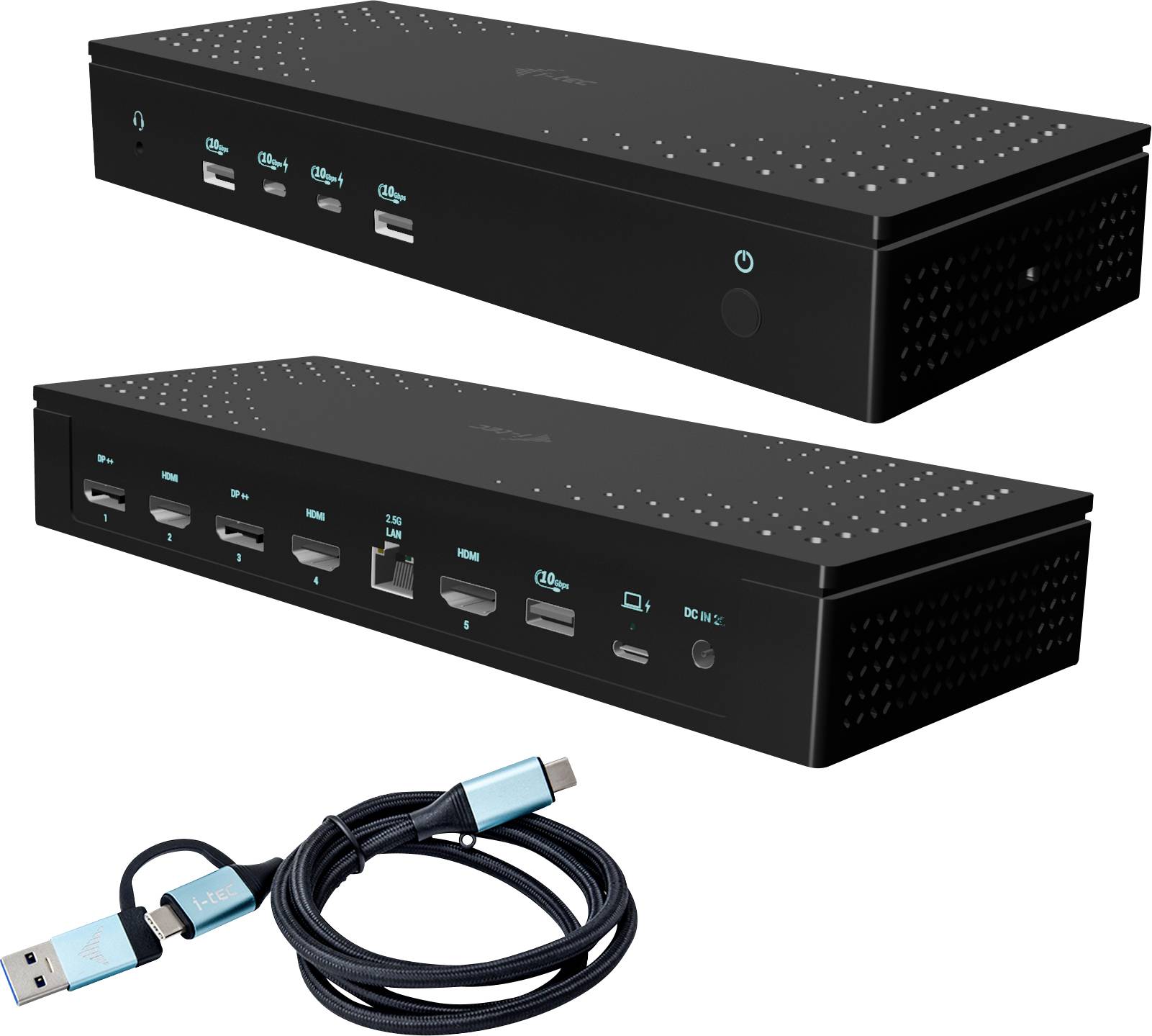 En svart USB-C dockningsstation med flera anslutningar, inklusive USB 3.0, HDMI, Ethernet och en USB-C-kabel. Perfekt för enhetsanslutningar.