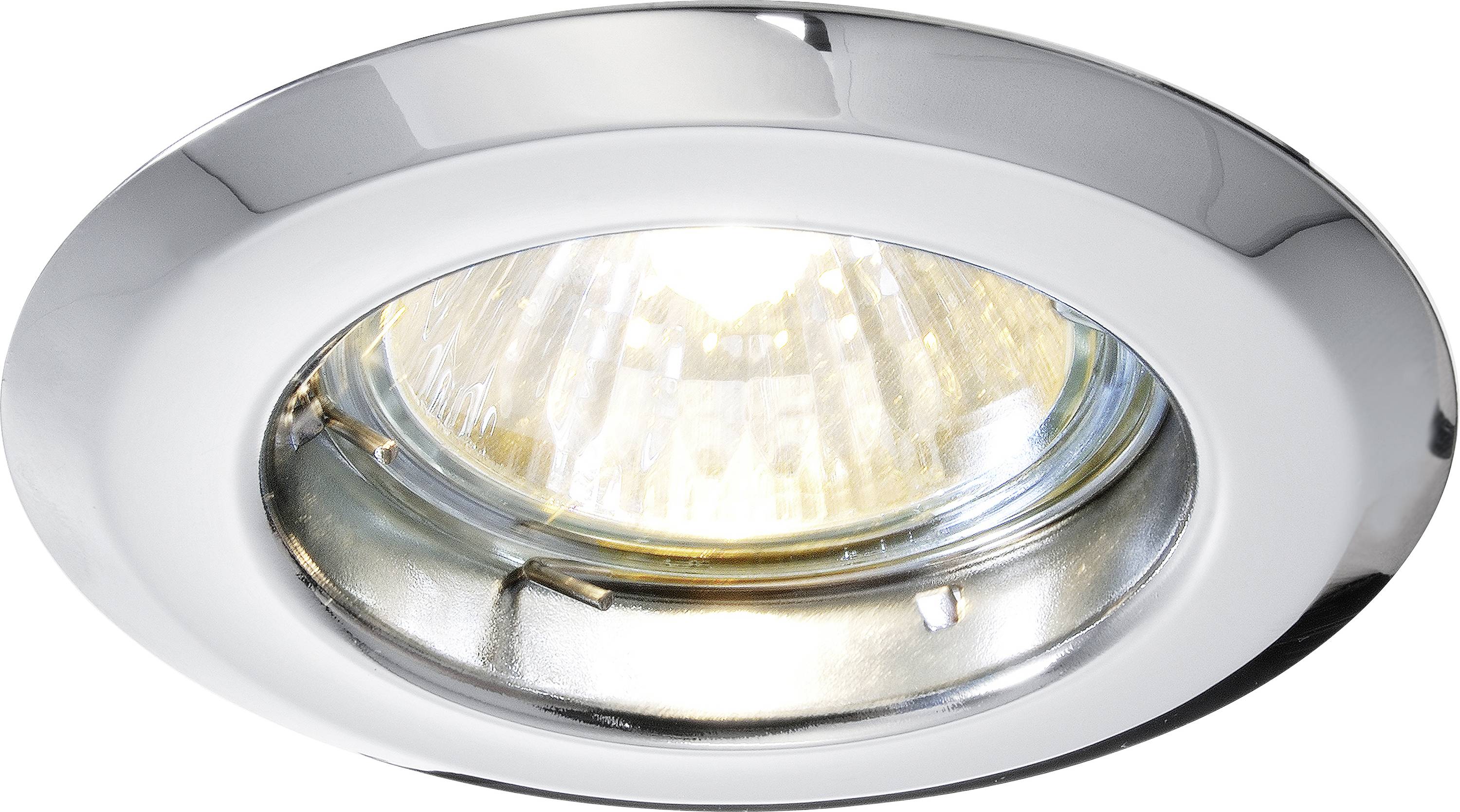 En silverfärgad taklampa med en rund, blank ram visar en tänd lampa som ger ett varmt ljus.