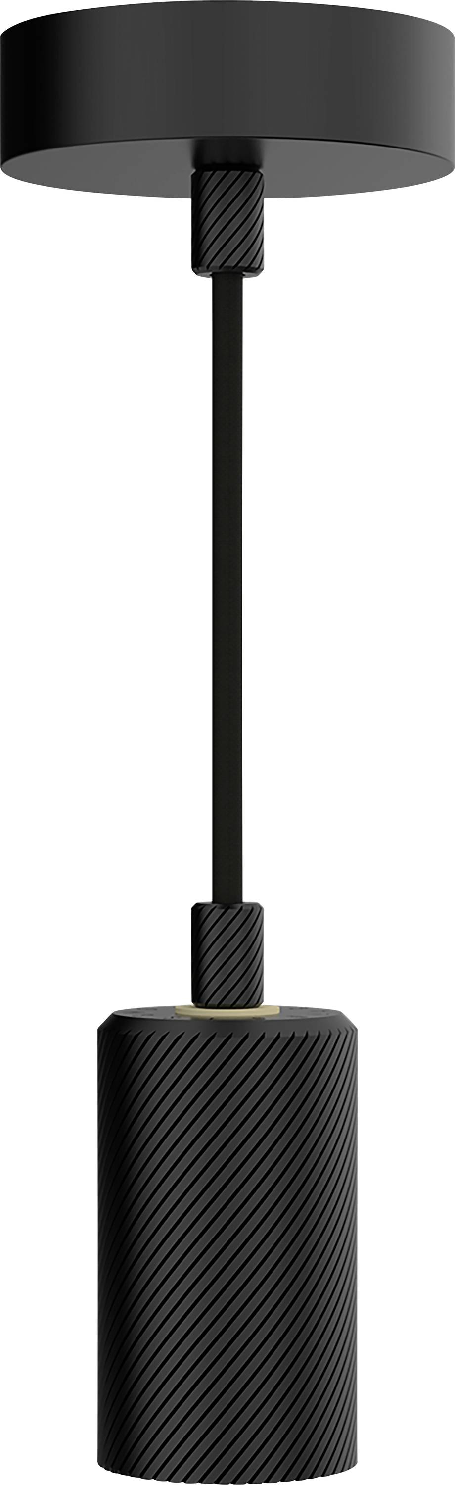 En svart, cylindrisk taklampa med texturerat mönster, upphängd genom en kabel från ett cirkelformat takfäste.