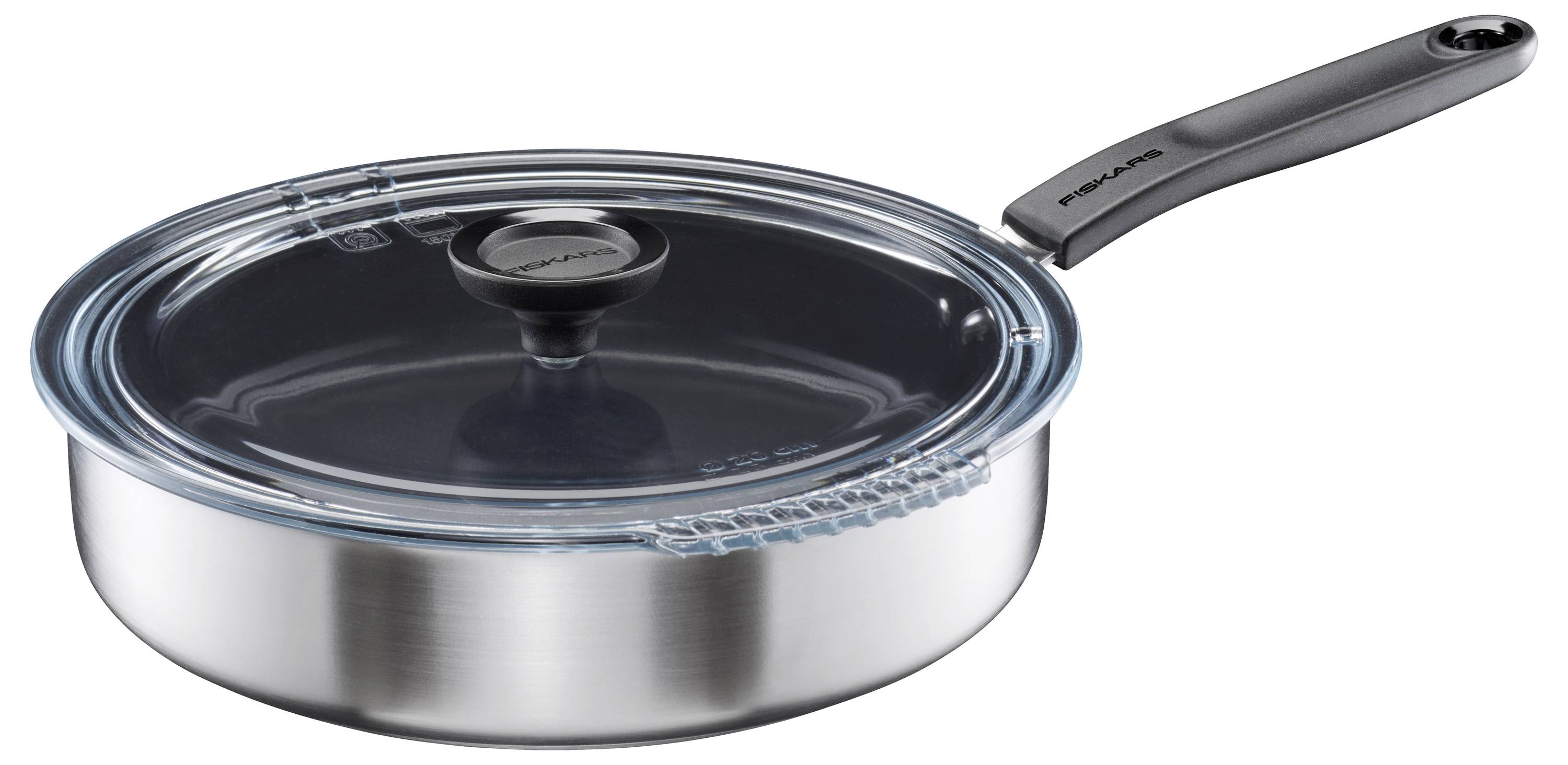 Högkvalitativ, silverfärgad stekpanna med glaslock och svart handtag; perfekt för stekning och matlagning.