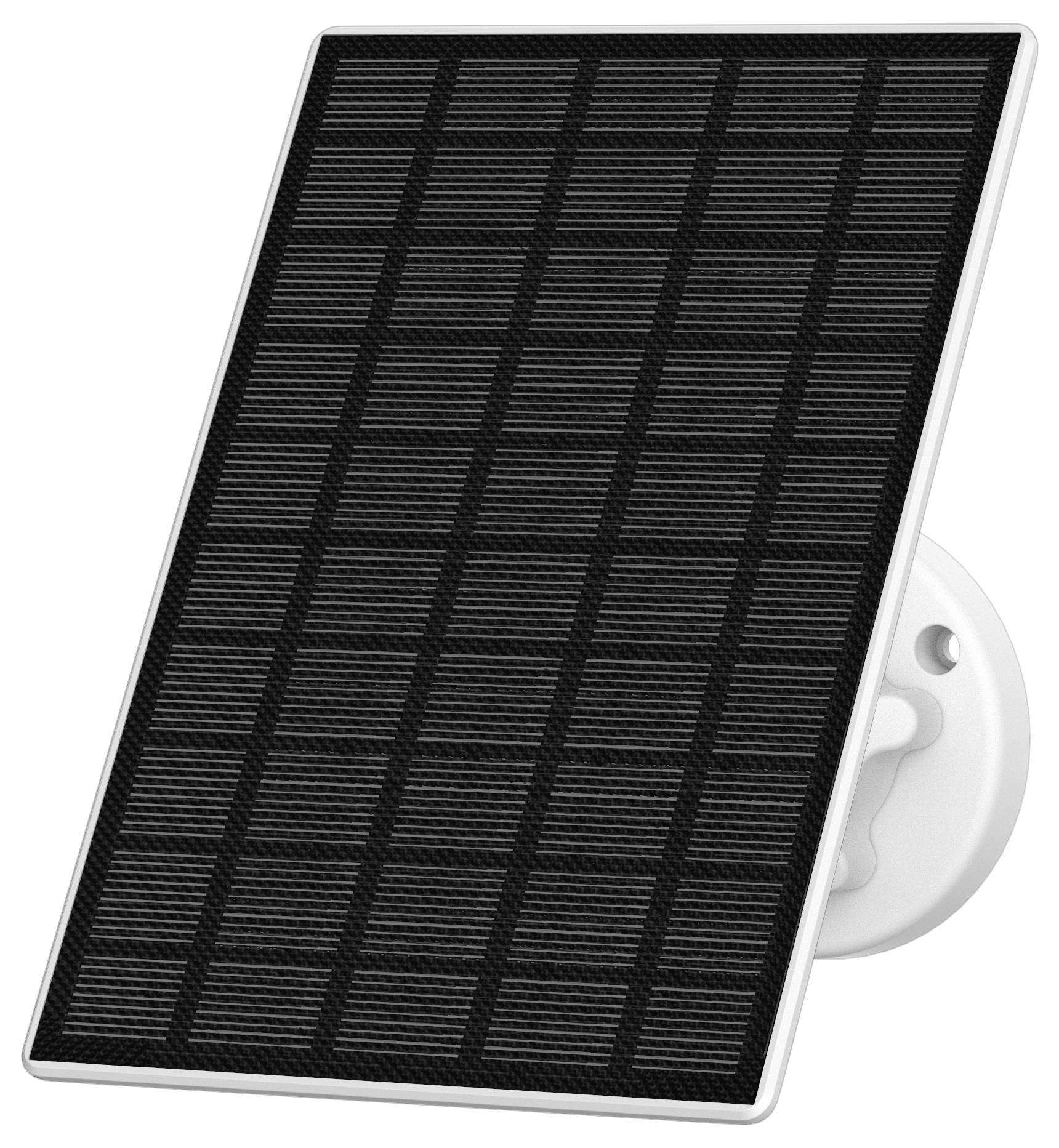 Svart solpanel snett monterad på ett vitt fäste; visar rektangulära celler för energiutvinning från solljus.