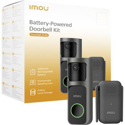 Imou Batteridrivet Dörrklocke-set, 5000 mAh batteri, roterande objektiv, invändig lagring. Förpackningen visar dörrklockan och tillbehör.