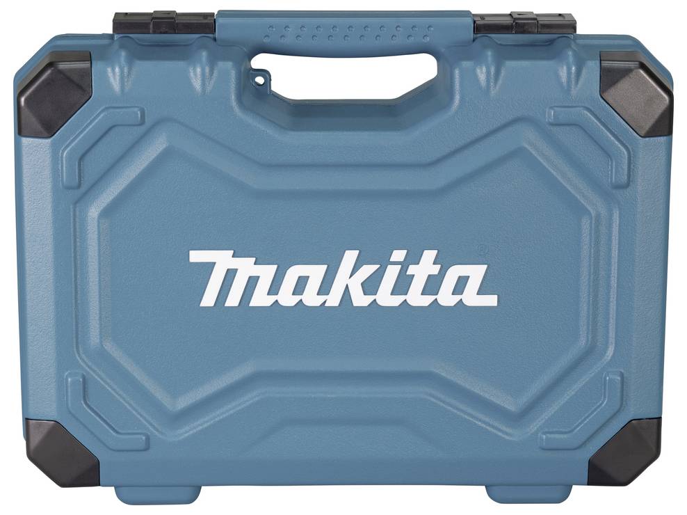 En blå verktygslåda med handtag, med den vita 'Makita'-logotypen framträdande på framsidan.