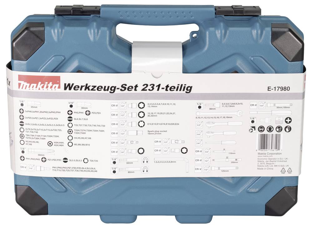 En blå Makita verktygslåda märkt 'Verktygsset 231 delar', som anger ett verktygssats med 231 delar, med produktkod E-17980, innehåller olika verktygsbilder och beskrivningar.