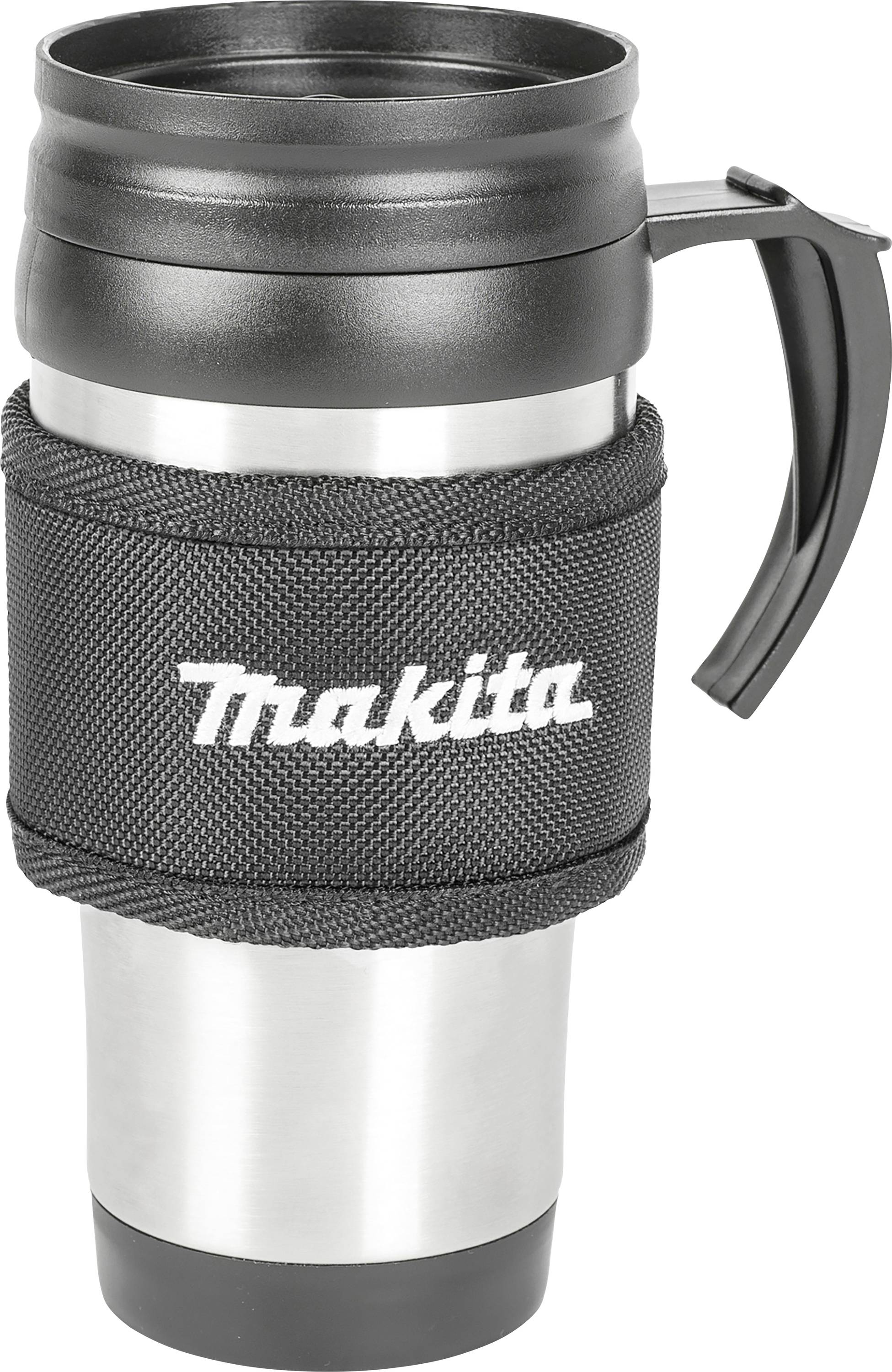 En silver termosmugg med svart handtag och svart textilrem, med den vita texten 'Makita' tryckt på.