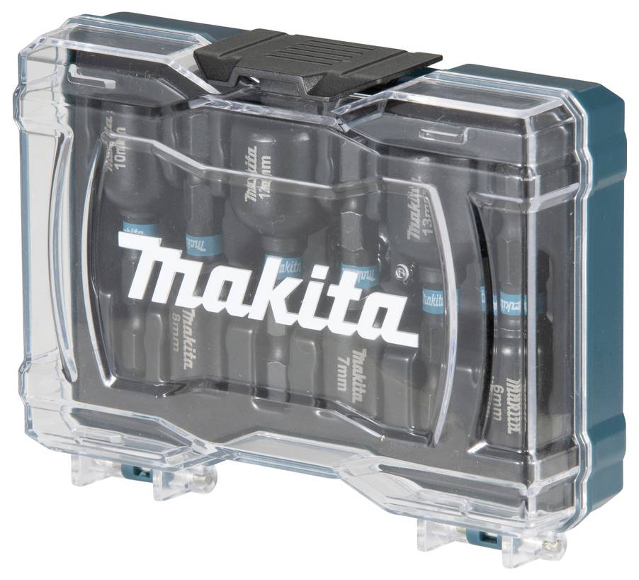 'Makita' märkta borrbitsats i ett transparent förvaringsfodral, som visar flera bitar snyggt organiserade och säkert inneslutna.