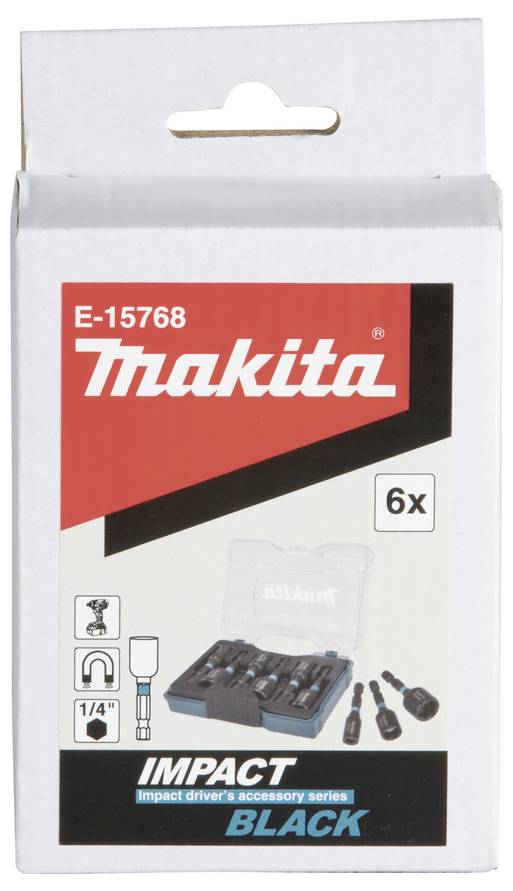 Makita slagskruvbits-set, 6 delar, visas i en låda med logotypen. Innehåller bilder av bitarna och detaljer som storlek och typ.