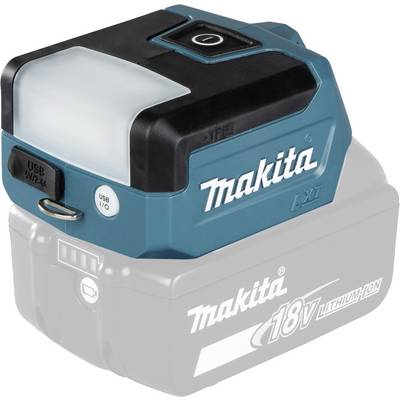 En bärbar, blå-svart Makita LED-lampa med USB-anslutning. Den är monterad på ett grått 18V litiumjonbatteri.