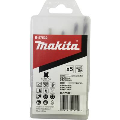 Förpackning med fem Makita SDS-Plus borrar i olika storlekar. Innehåller borrar från 90 mm till 123 mm längd.