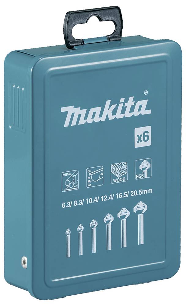 En blågrönn låda med "Makita"-logotypen och "x6". Ikoner indikerar användning för metall, murverk, trä, HSS. Borrdiametrar visas: 6,3 till 20,5 mm.