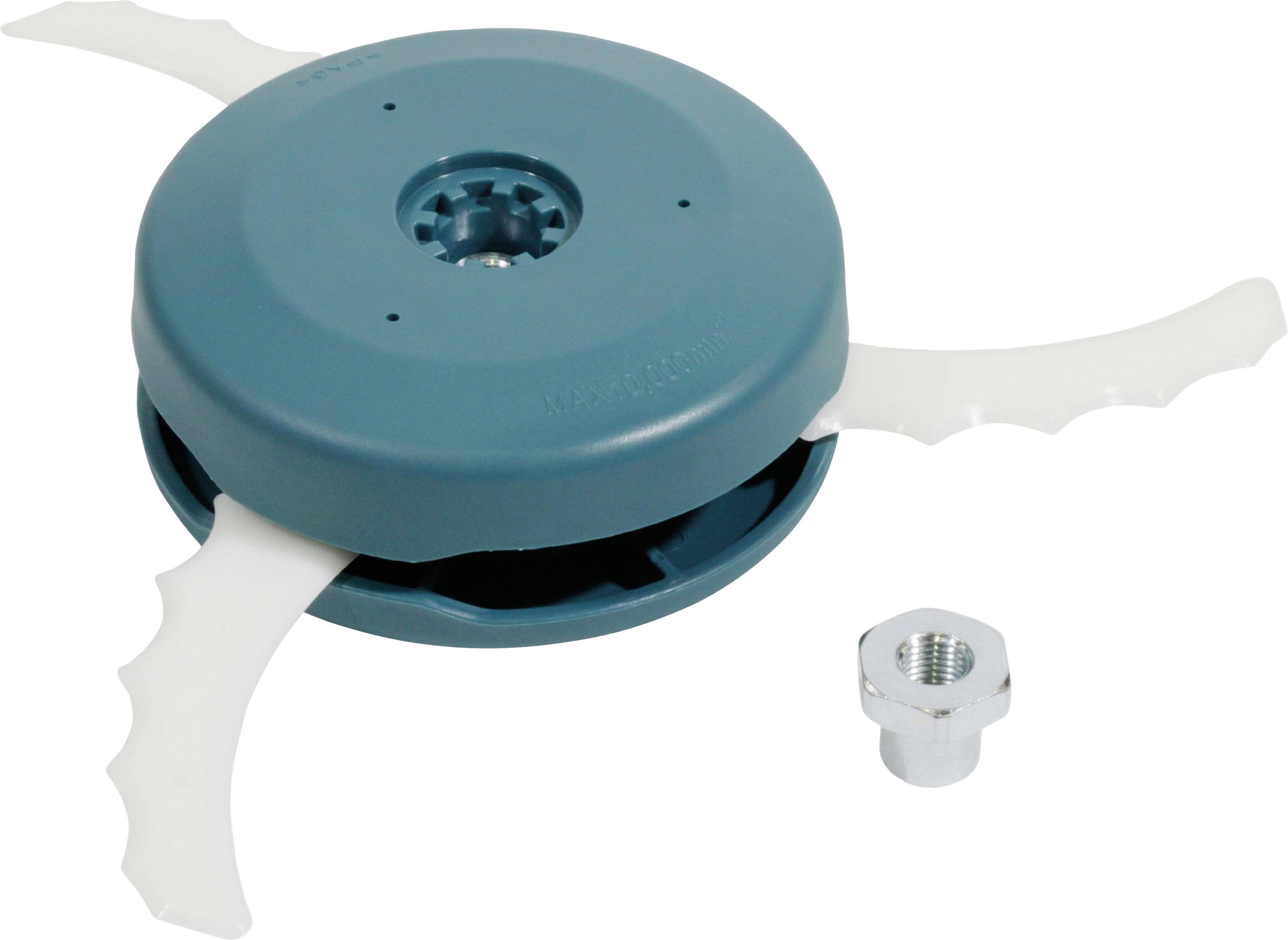 En blå trimmerhuv med tre vita, sågtandade blad. Bredvid ligger en silver mutter.