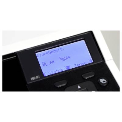 Skrivardisplayen visar 'Utskriftsklar', pappersformat A4, tonerindikator och statusikoner. Ovanför finns WLAN-symbol och knappar synliga.