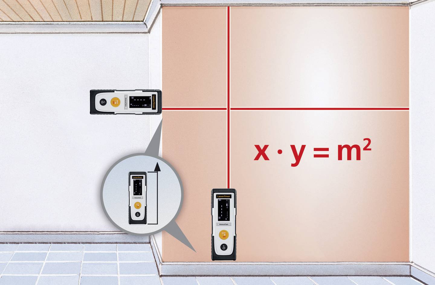 En lasermätare används för att beräkna en väggs area, representerad av formeln 'x • y = m²'.