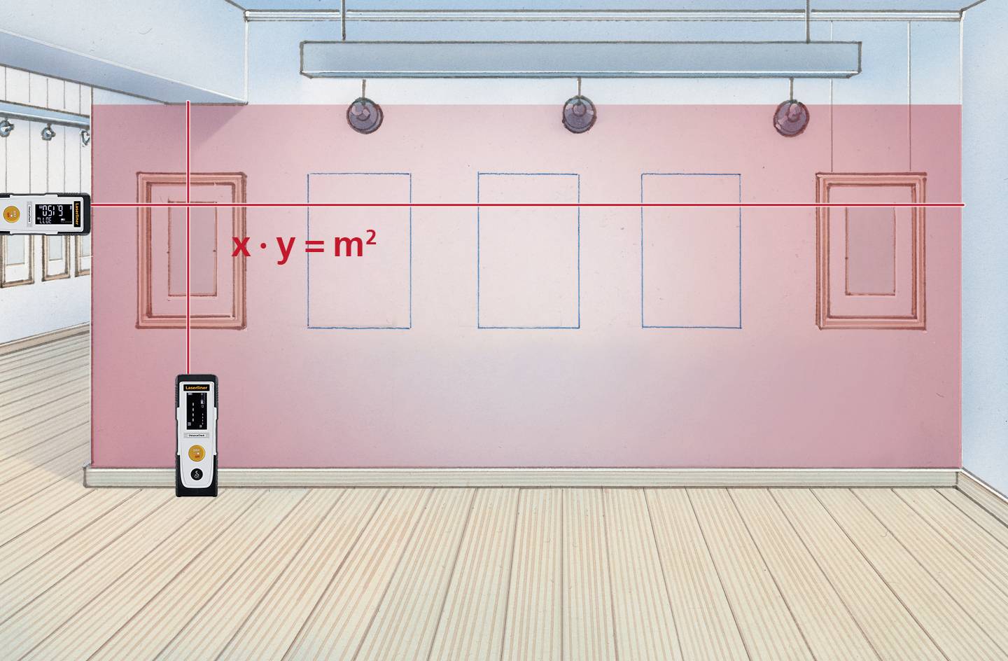 Ett tomt gallerirum med en rosa vägg, där en matematisk ekvation 'x · y = m²' står i rött, inramad av tomma ramar.