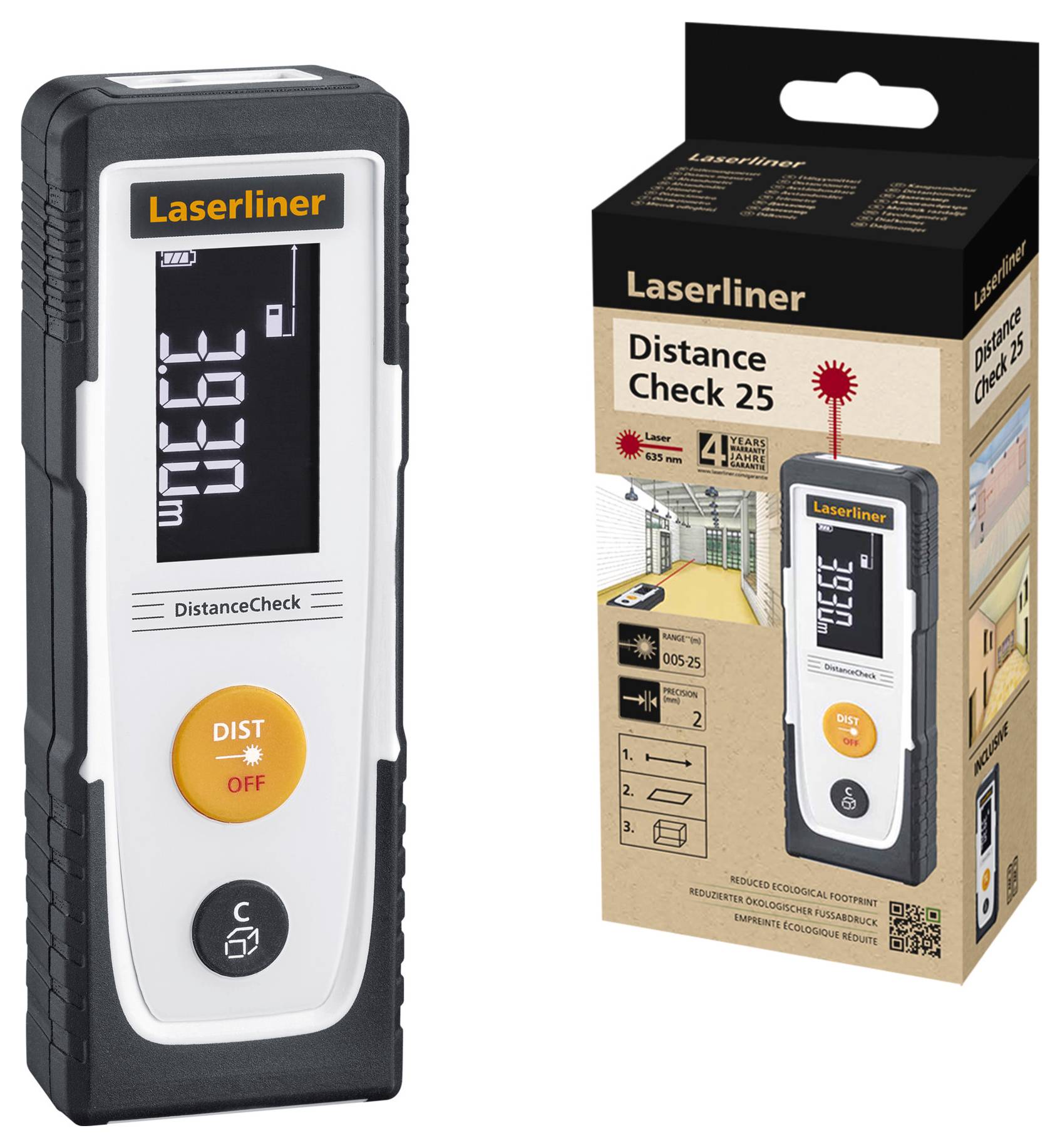 Elektronisk lasermätare 'DistanceCheck 25' från Laserliner, med display och knappar; förpackningen visar produktdetaljer.