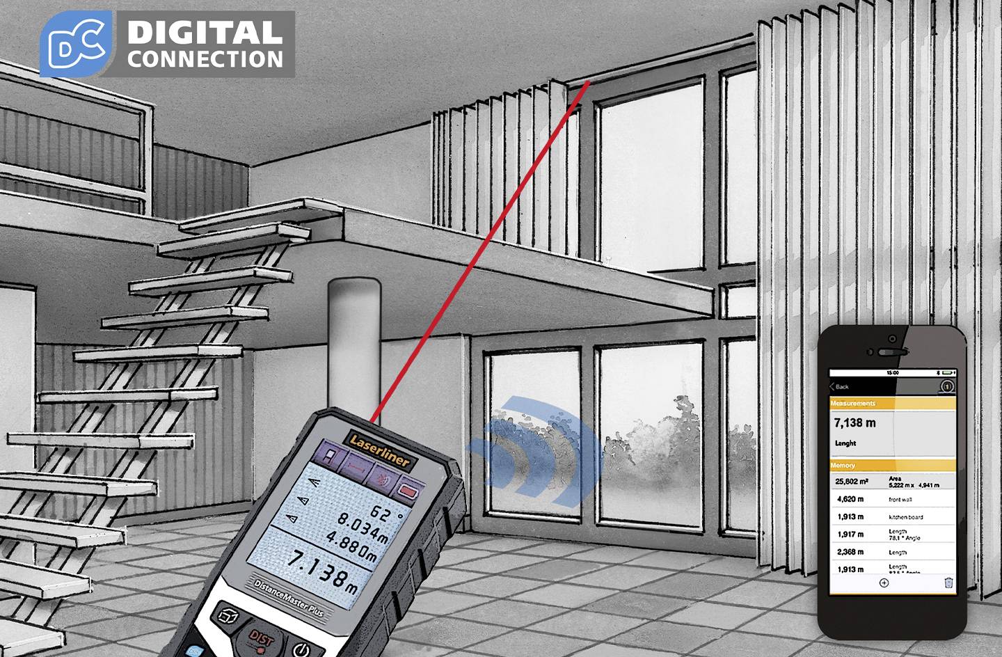 Ett digitalt avståndsmätningsinstrument mäter en rumshöjd på 7,13 m. En smartphone visar samma mätning. I bakgrunden syns fönster och en trappa.