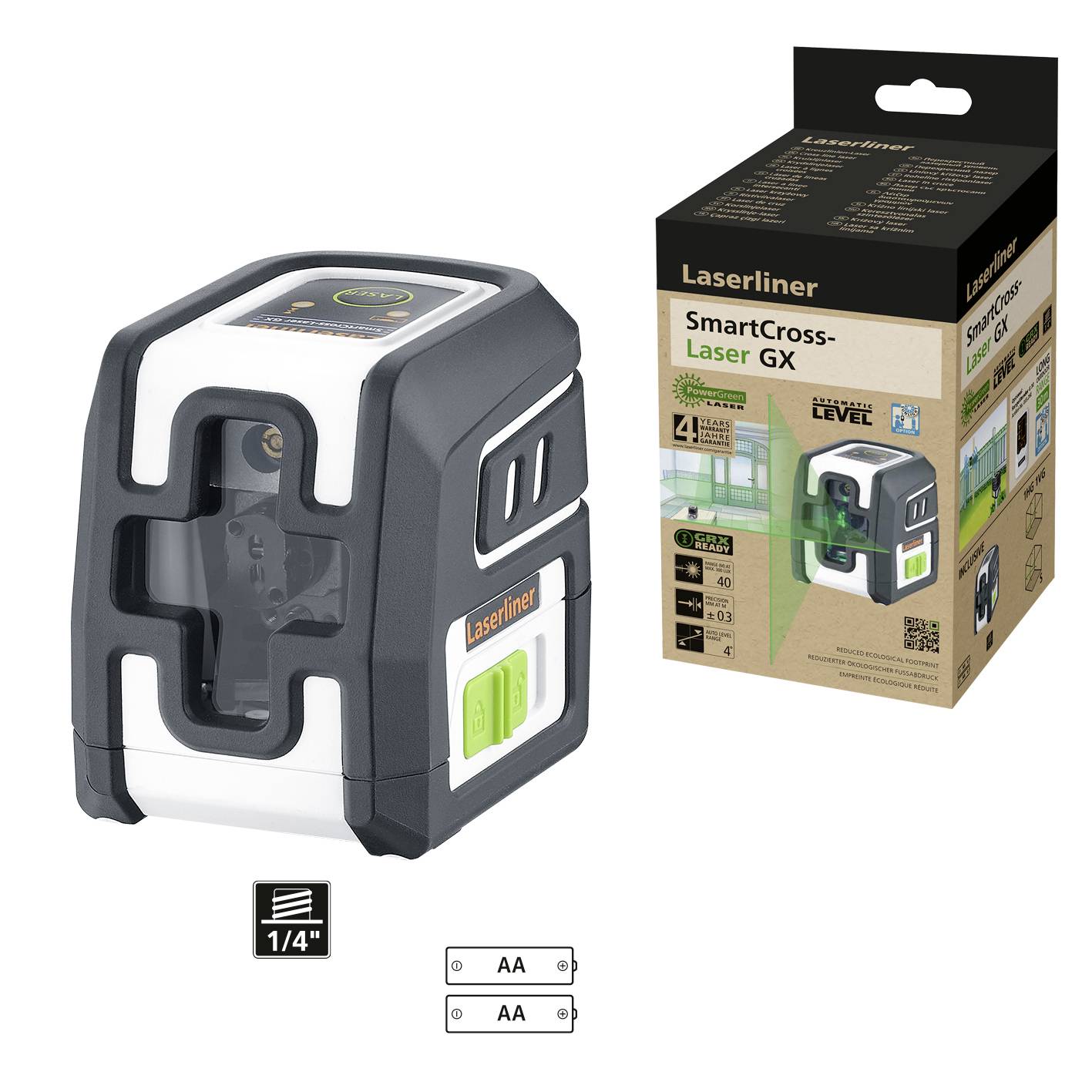 Ett Laser-verktyg 'SmartCross-Laser GX' bredvid sin förpackning. Visar laserfunktion och vattenpassliknande noggrannhet för byggprojekt.