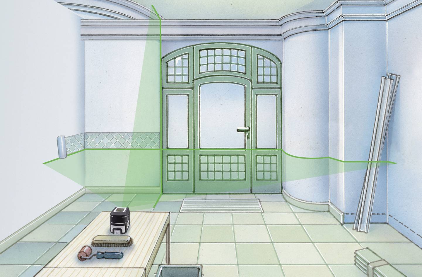 I rummet används en lasernivå för att exakt bestämma installationshöjden för dekorplattor på en vägg.