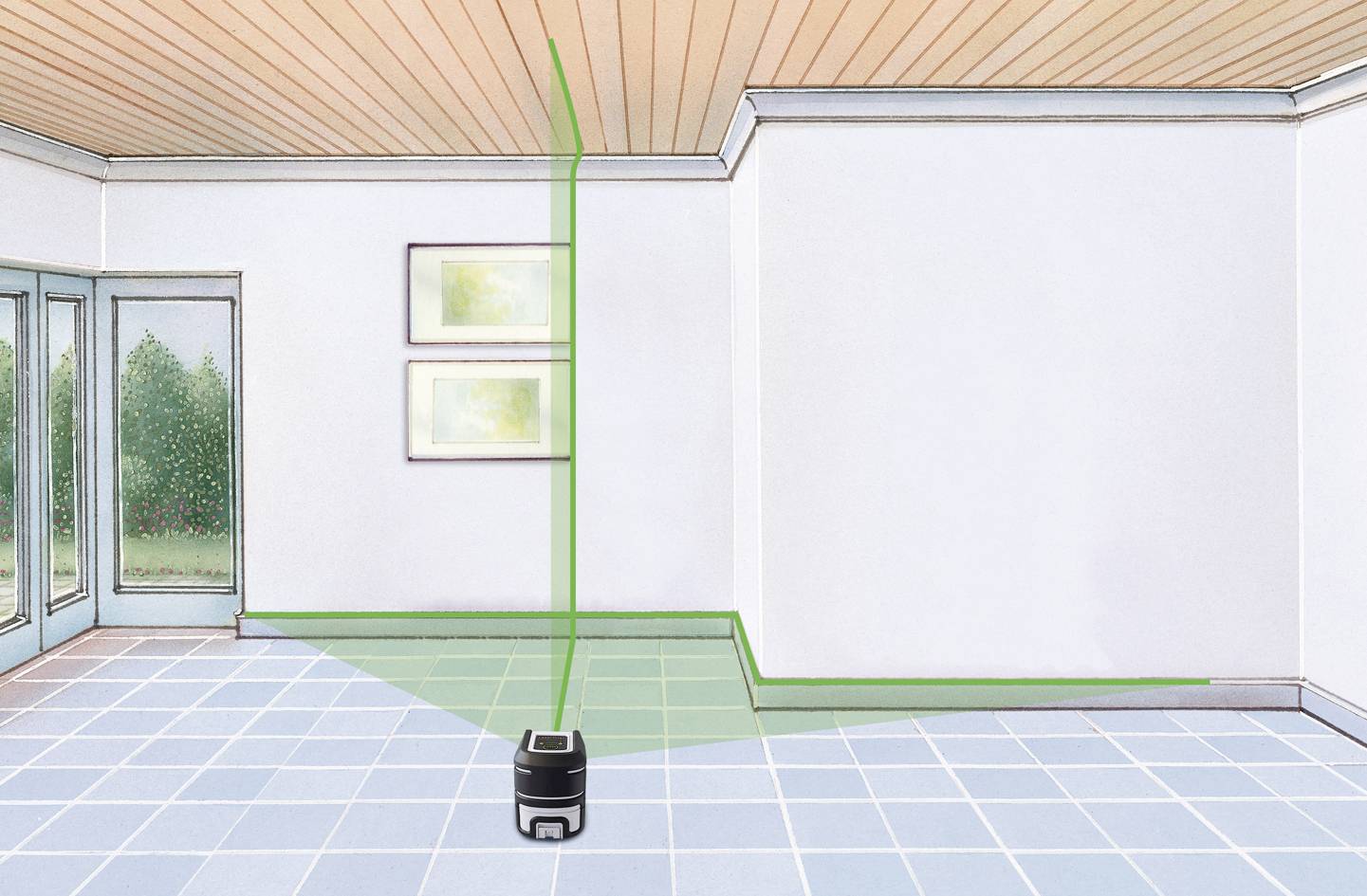 En apparat projicerar en grön laserstråle i ett rum för att markera rätvinkliga linjer i taket.