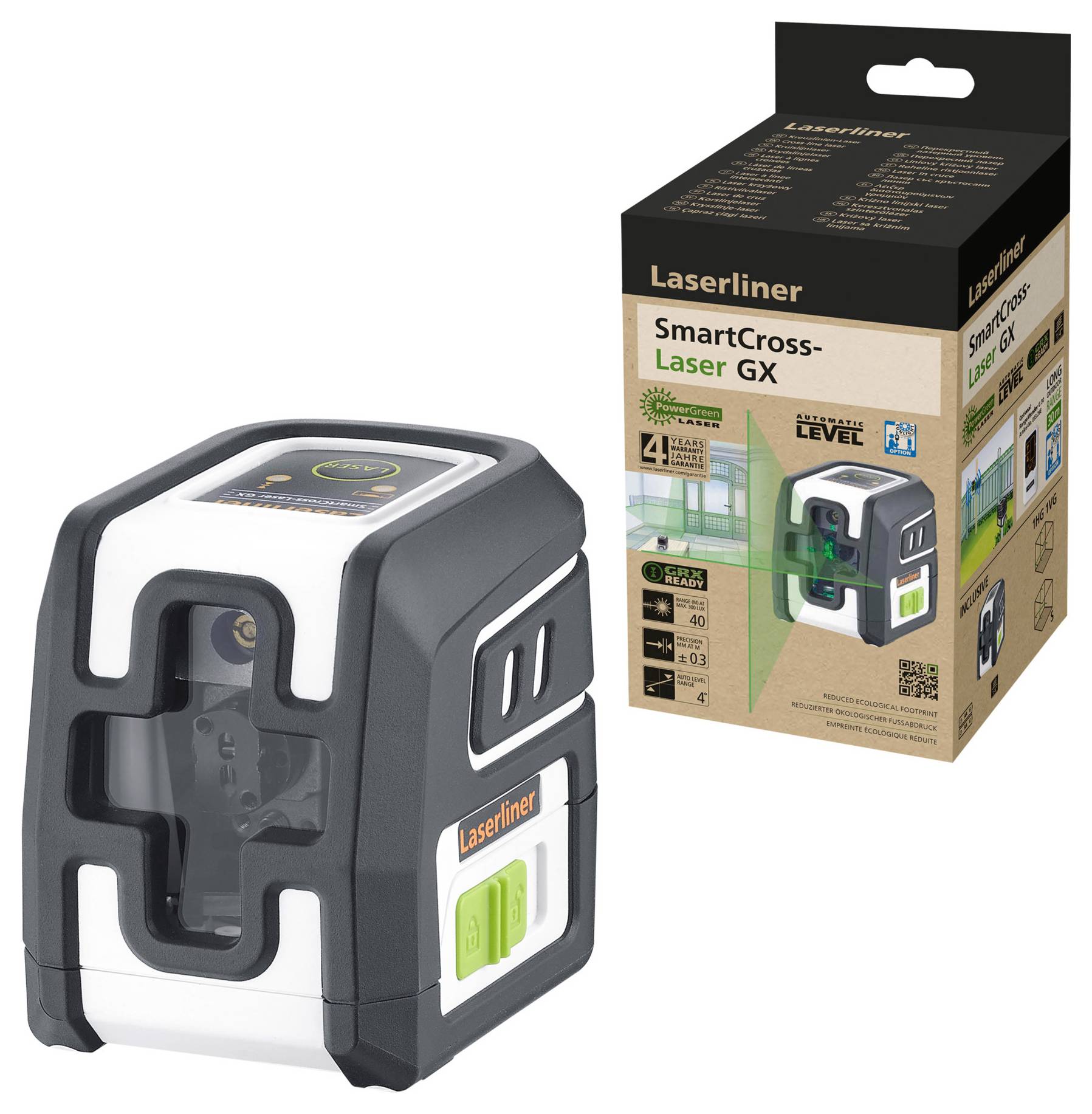 En korslinjelasermätare 'Laserliner SmartCross-Laser GX' bredvid dess tillhörande förpackning. Visar horisontella och vertikala laserlinjer.