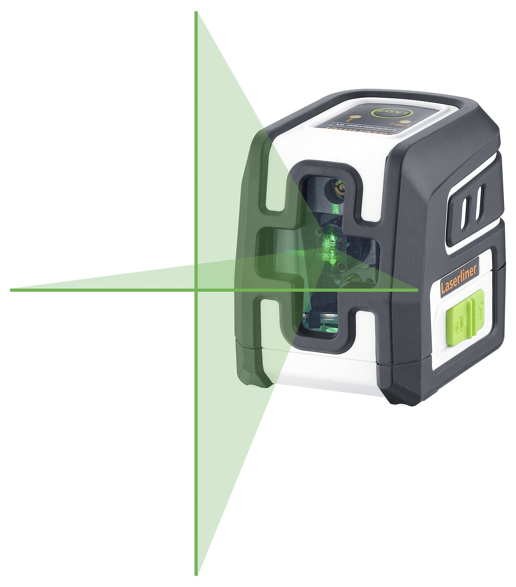 Ett lasernivåinstrument projicerar gröna vertikala och horisontella linjer i en vinkel. Det är kompakt och bärbart.
