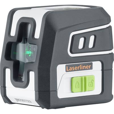 En liten, kubformad lasermätare från Laserliner med grön laserstråle och två gröna knappar på framsidan.