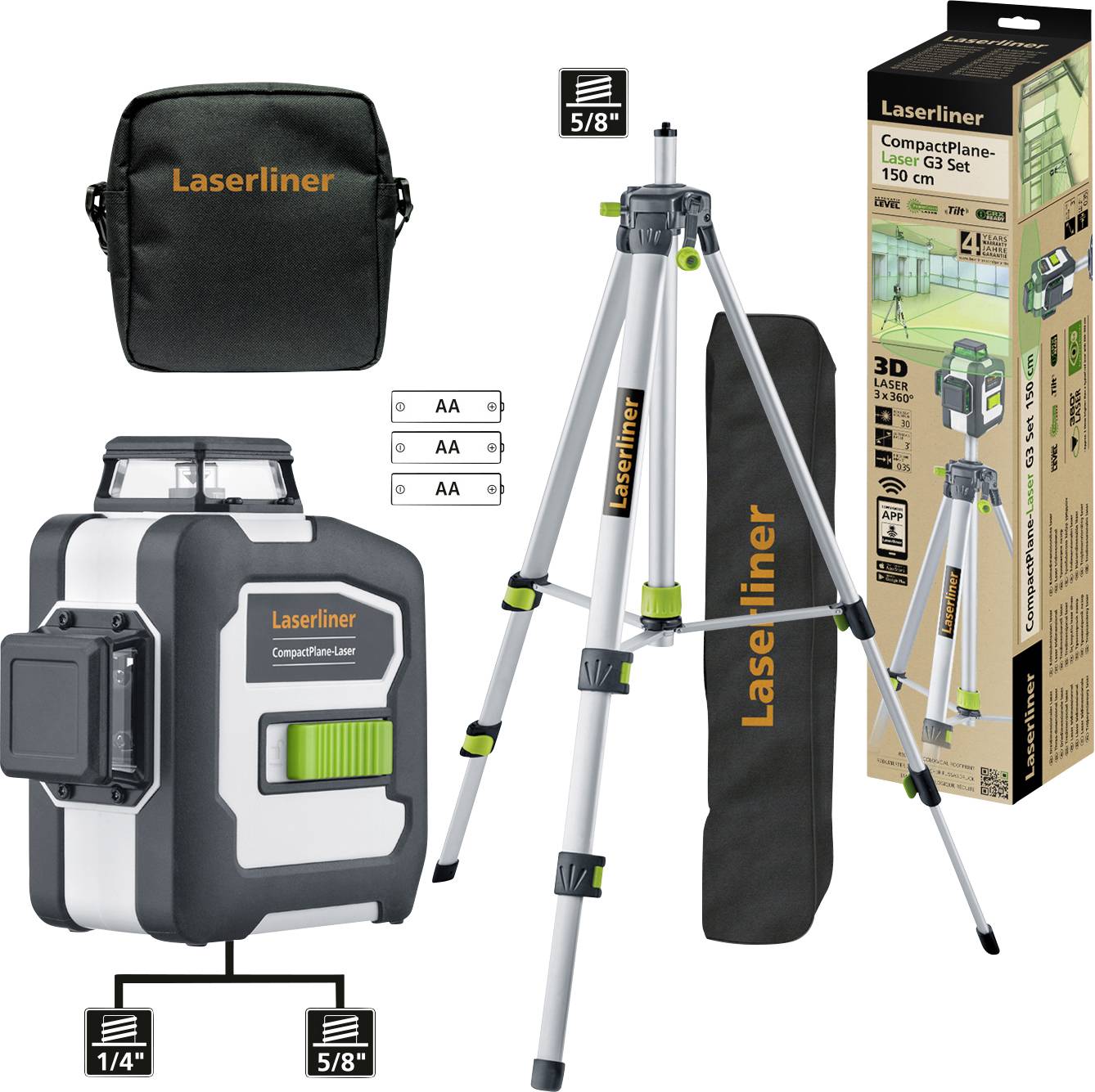'Laserliner CompactPlane Laser G3 Set': Innehåller lasermätare, stativ, transportväska, batterier, förpackning. Lämplig för exakta laserapplikationer.