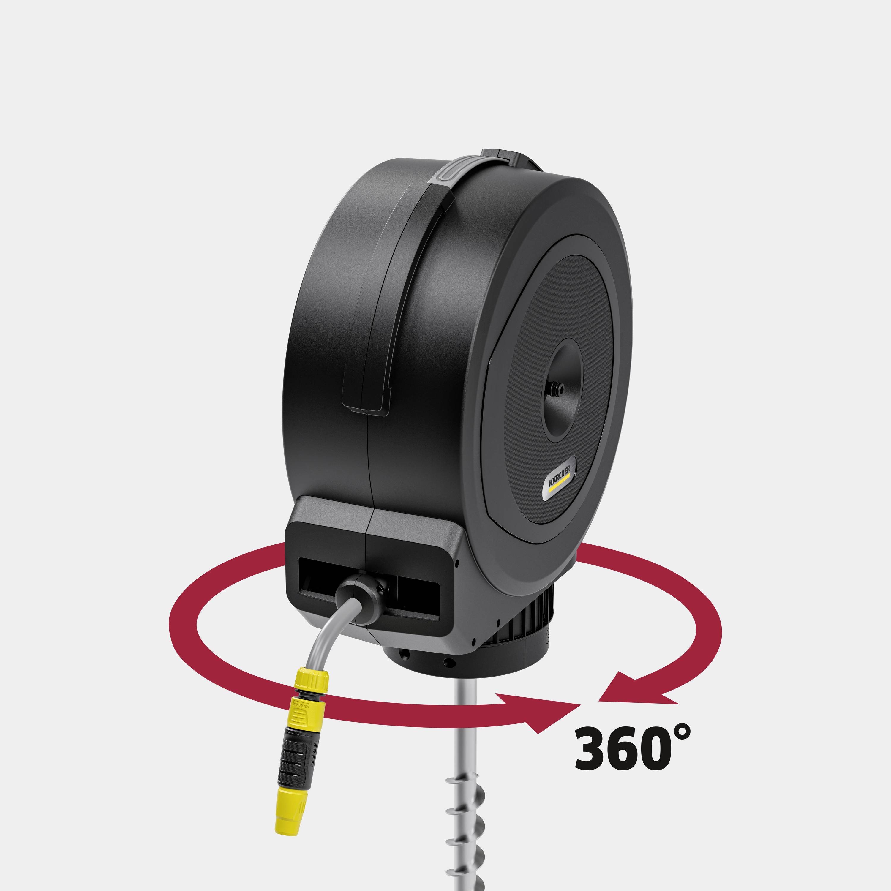 Automatisk kabeltrumma med rotationsmekanism. Svart hölje, gult och svart kabel. Text '360°' för full roterbarhet.