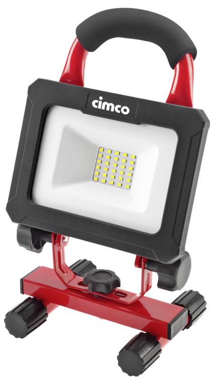 En bärbar, röd LED-strålkastare med svart handtag och stativ. Varumärket "cimco" syns på framsidan. Lämplig för belysningsändamål.