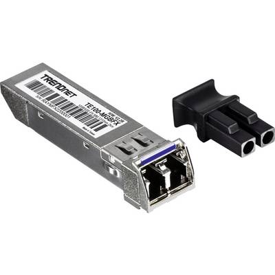 Ett SFP-modul märkt 'TRENDnet TEG-MGBFX' och en tillhörande anslutningsadapter.