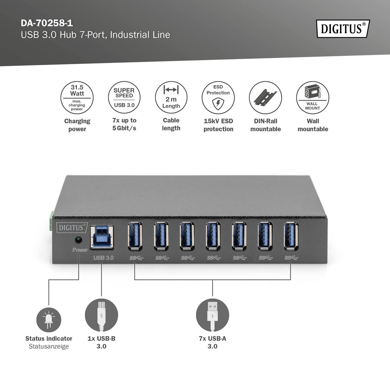 'Digitus DA-70258-1' USB 3.0-hubb med 7 portar. Innehåller 1 USB-B 3.0 och 7 USB-A 3.0-anslutningar, med statusindikator, bordsmontage och väggmontering möjlig.