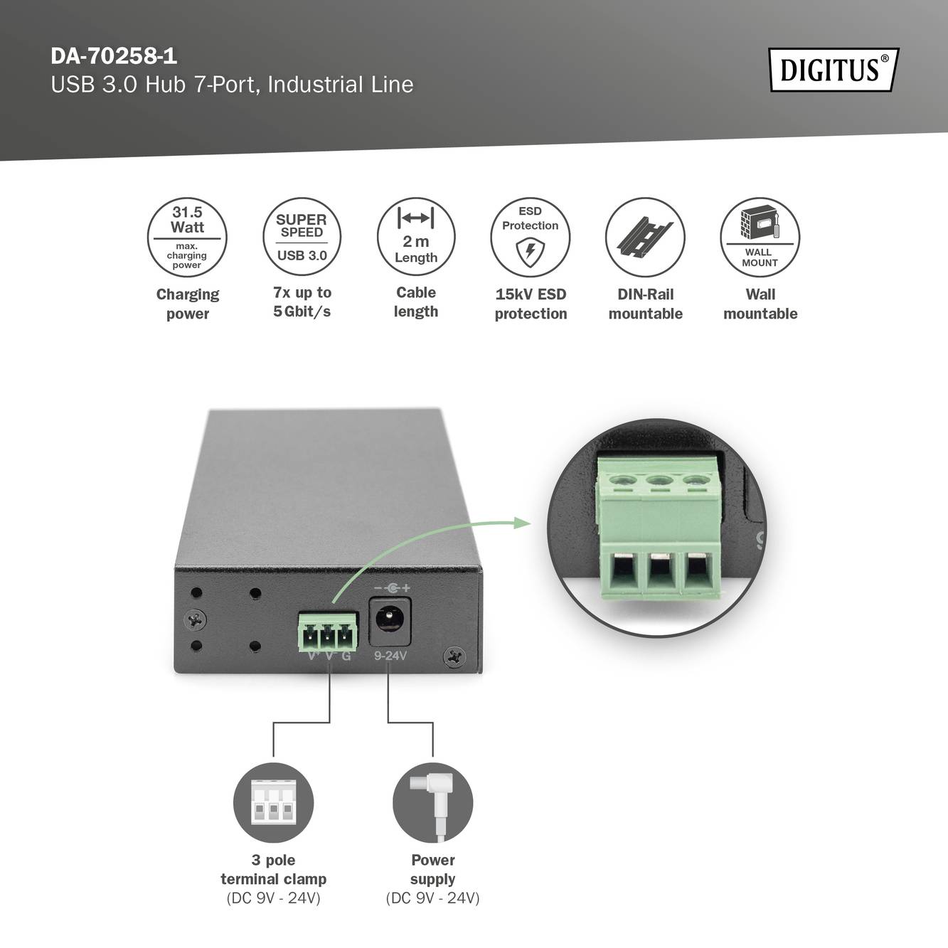 USB 3.0-hubb med 7 portar, industriellt utförande. Funktioner: 31,5 W laddeffekt, 5 Gbit/s dataöverföring, 15 kV ESD-skydd, vägg- och DIN-skensmonterbar.