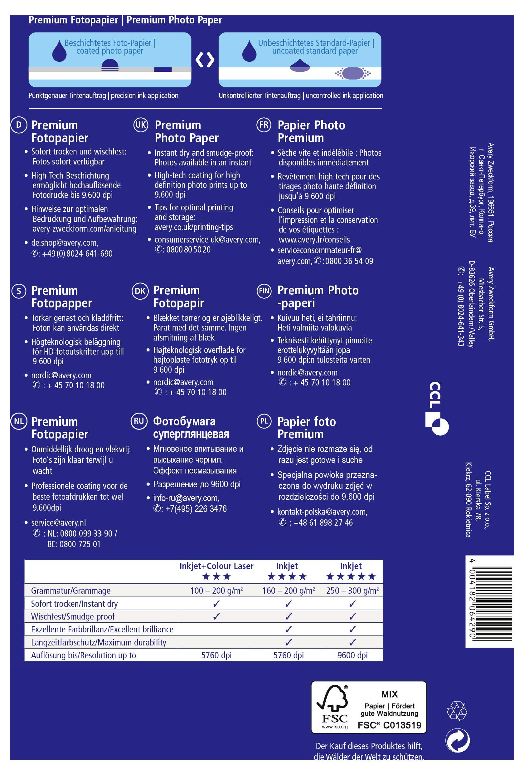 Baksida av en fotopappersförpackning med produktinformation på flera språk, specifikationer och symboler för miljöstandarder.