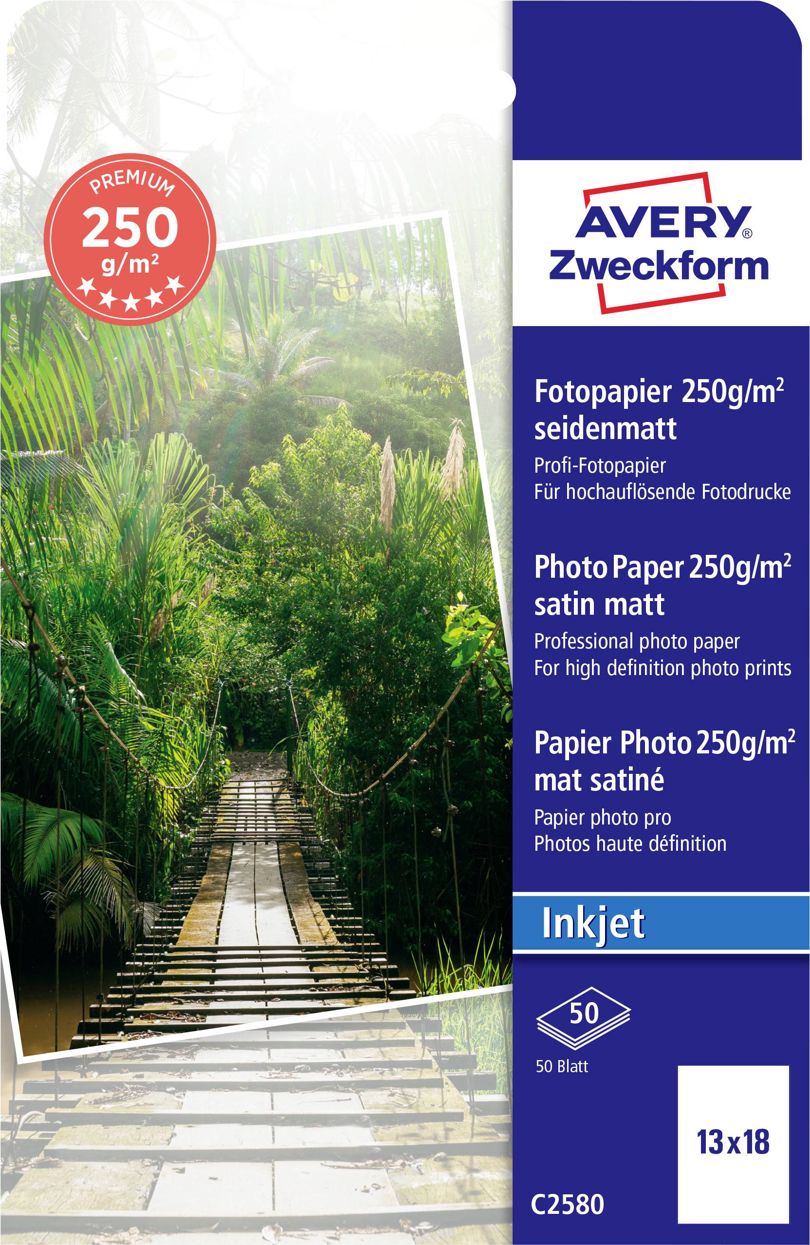 AVERY Zweckform 250 g/m² matt fotopapper för bläckstråleskrivare, förpackning med 50 ark, 13x18 cm.