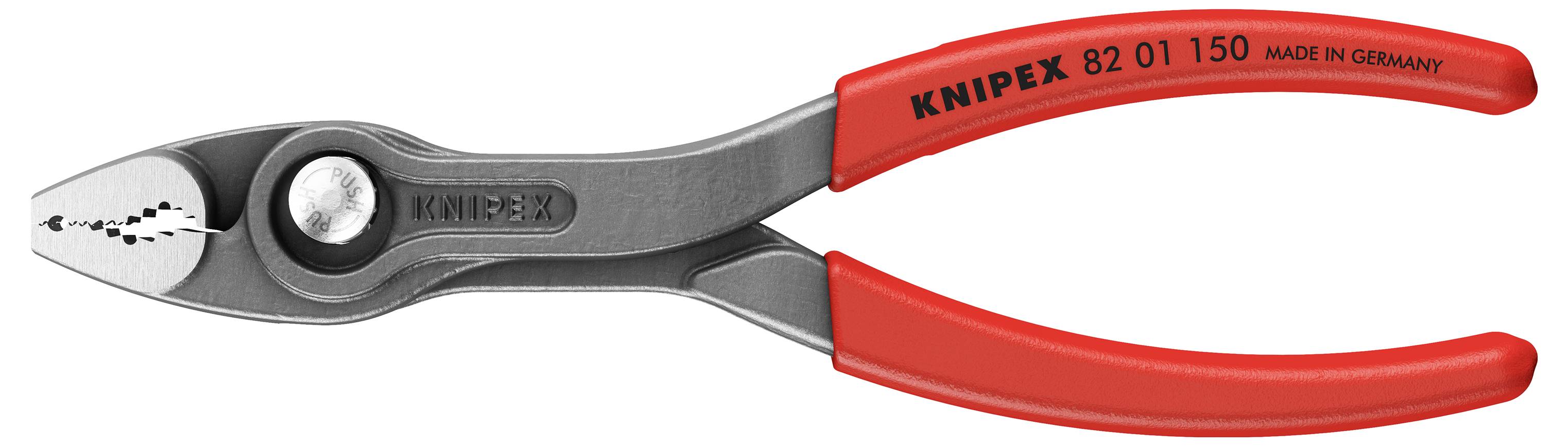 En röd Knipex-tång: '82 01 150, Made in Germany'. Verktyg med robust metallkropp och ergonomiskt formade handtag.