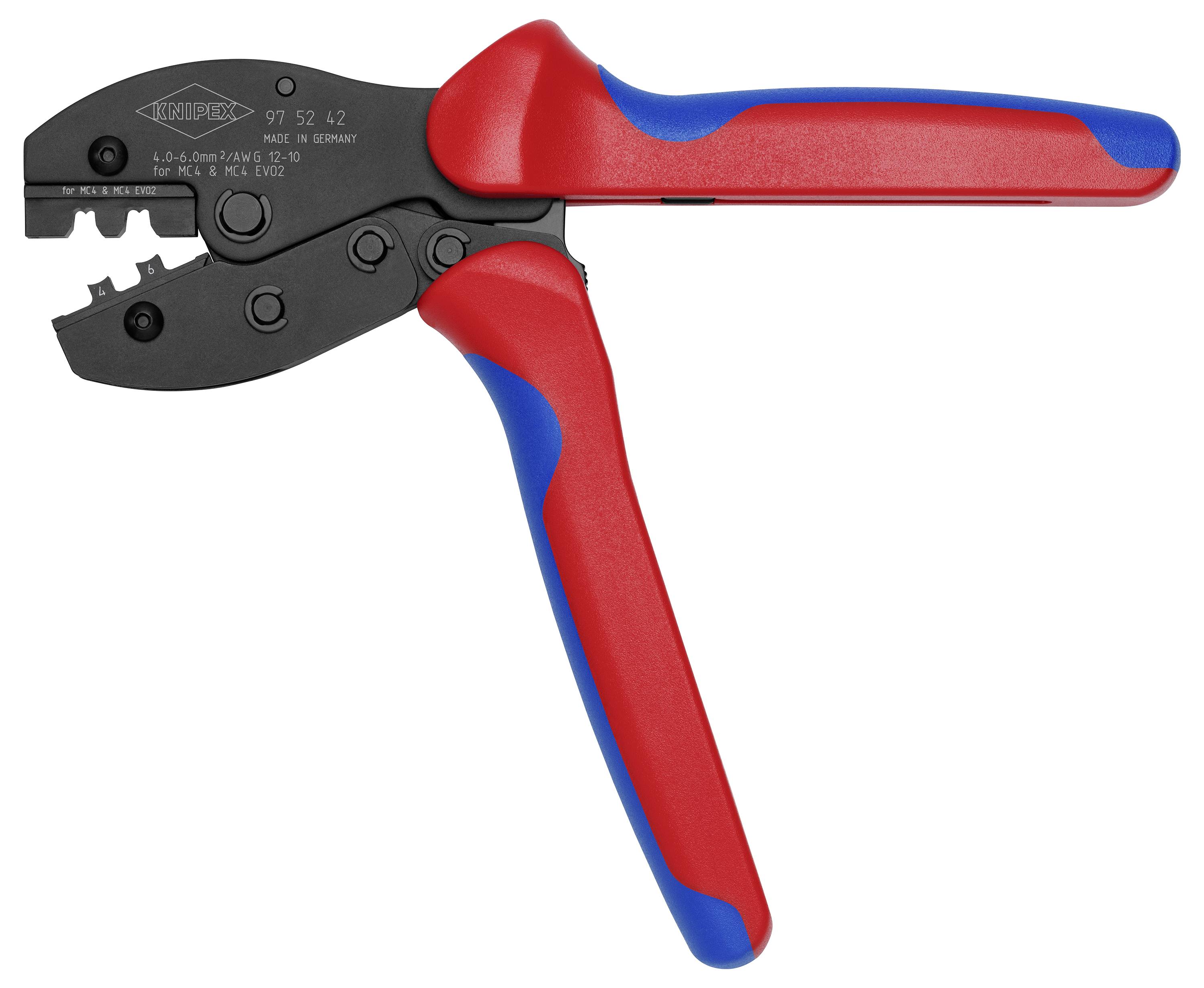 Bilden visar en röd och svart crimptång för bearbetning av kabeländar och kontakter, utrustad med ett ergonomiskt handtag.