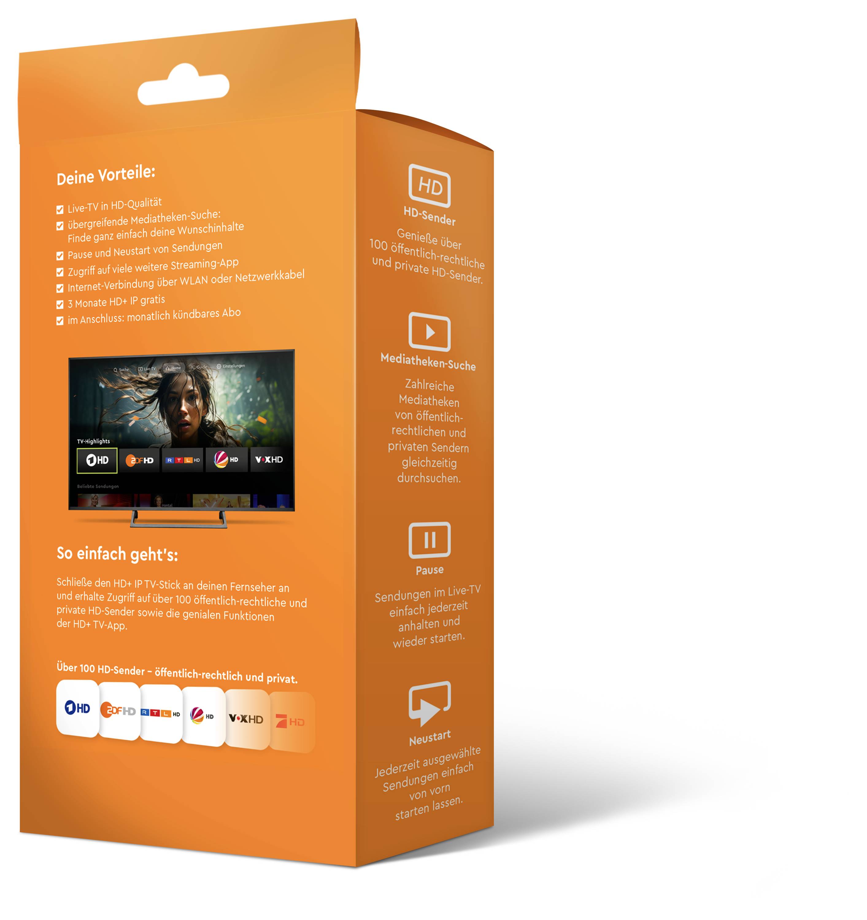 'Oranges förpackningsdesign för en TV-streamingenhet. Fördelar: Live-TV, mediabiliotek, HD-kanaler. Användningsexempel: TV-streamingenheter.'