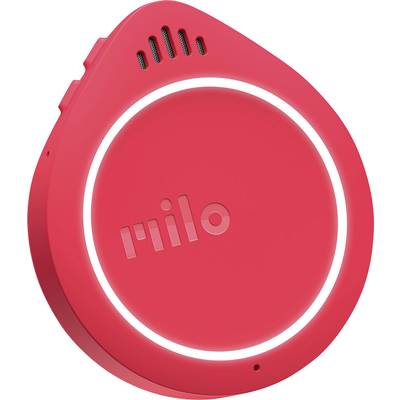 En röd, rund enhet med texten 'milo' i mitten och en lysande ring runt kanten. Lämplig för hands-free kommunikation.